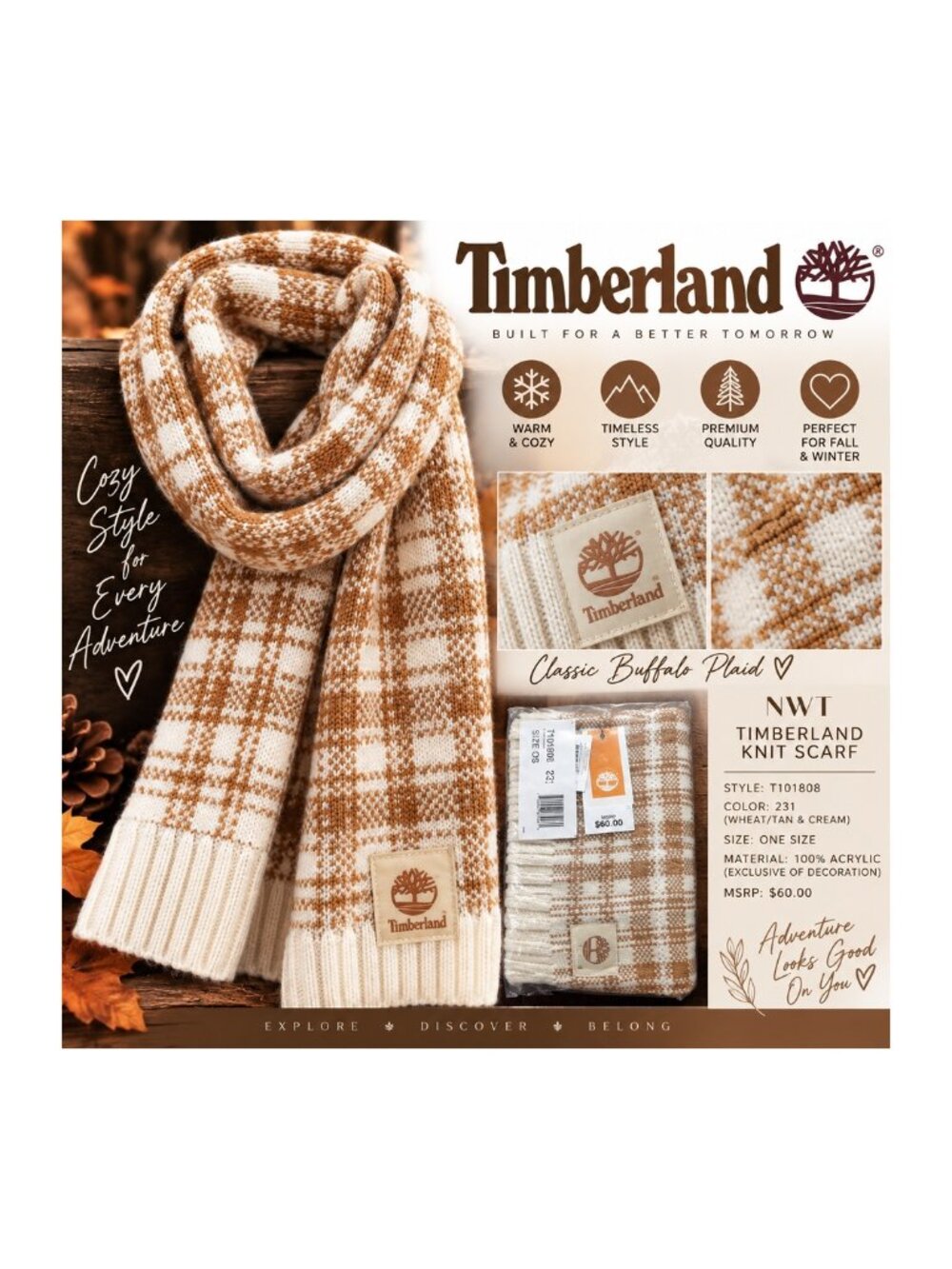 NWT Timberland Buffalo Plaid Knit Scarf Cream Wheat Tan T101808 OS MSRP $60